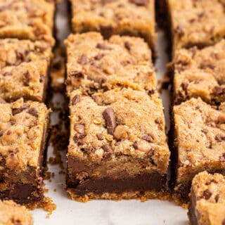 Layers of graham cracker crust, toffee fudge, and chocolate chip cookie dough.