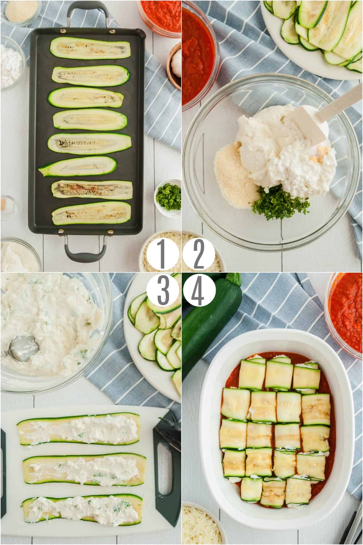 Step by step photos showing how to make zucchini lasagna roll ups.