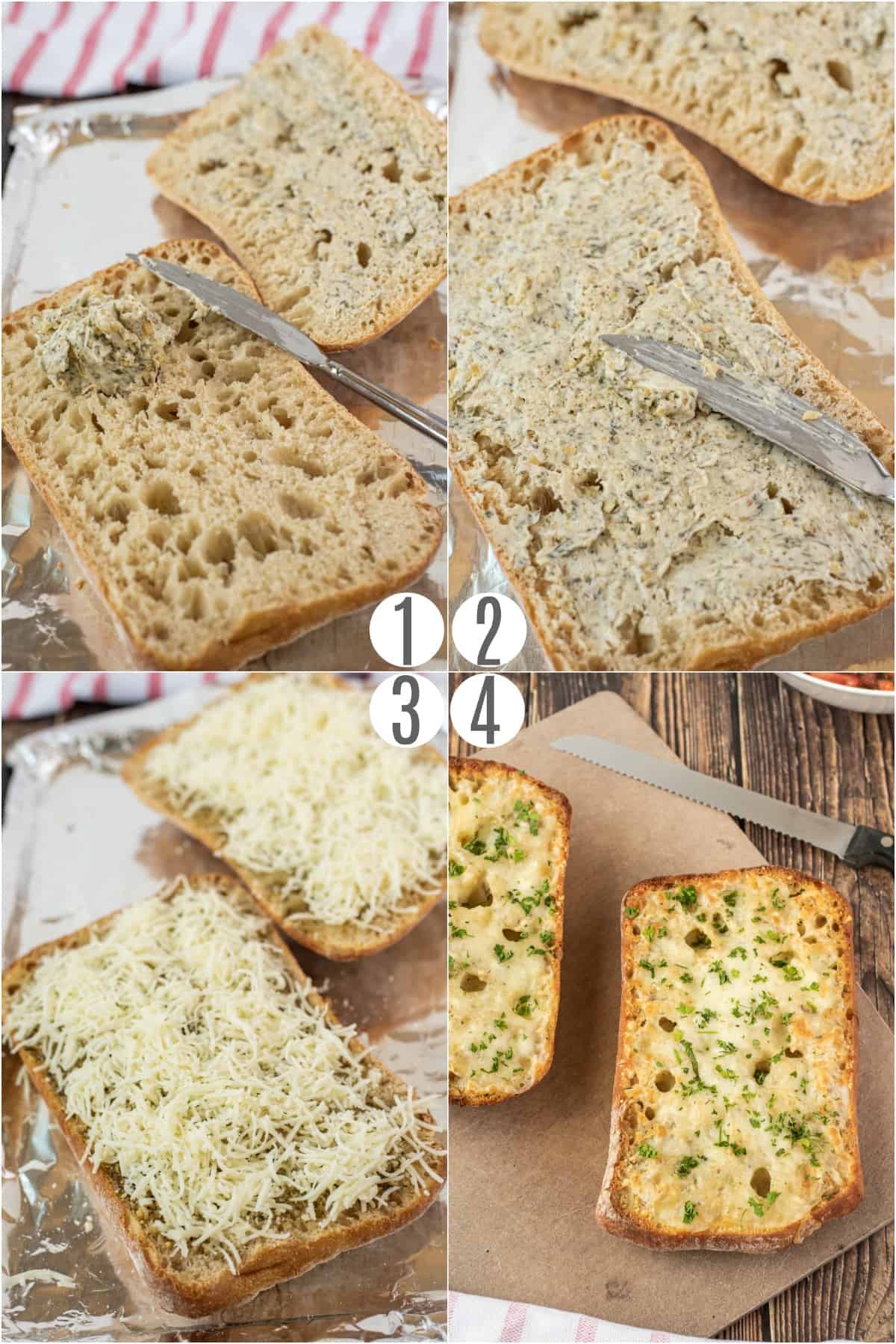 Step by step photos showing how to make cheesy garlic bread.