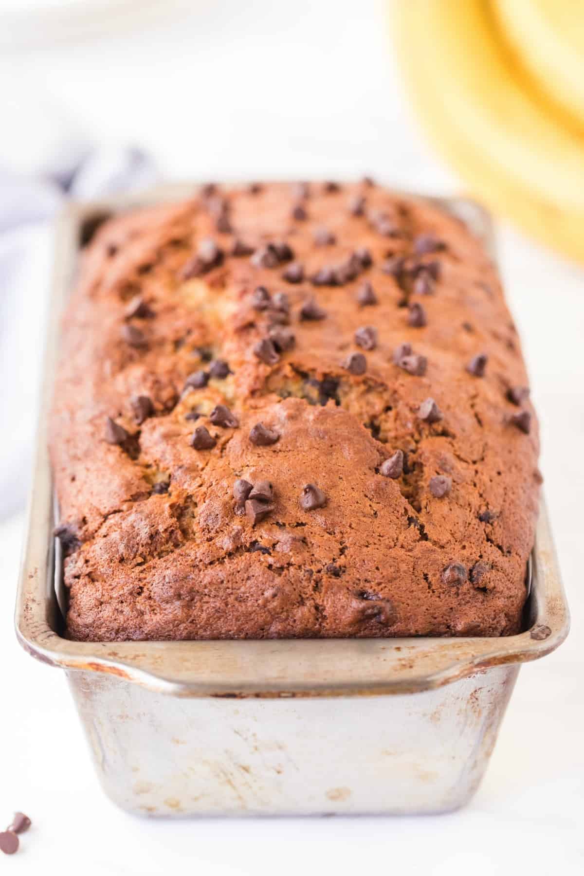 Loaf of banana bread with chocolate chips in a metal baking pan.