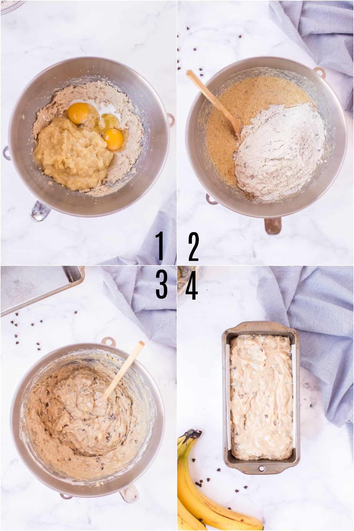 Step by step photos showing how to make chocolate chip banana bread.