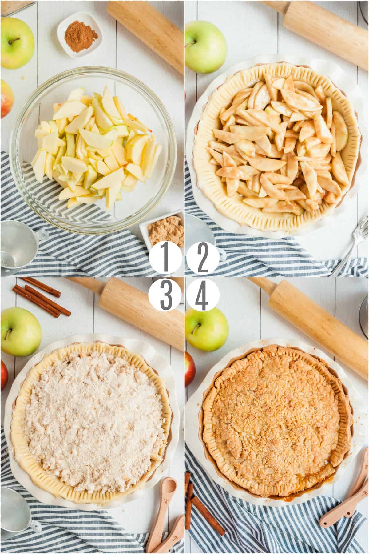 Step by step photos showing how to make a french apple pie.