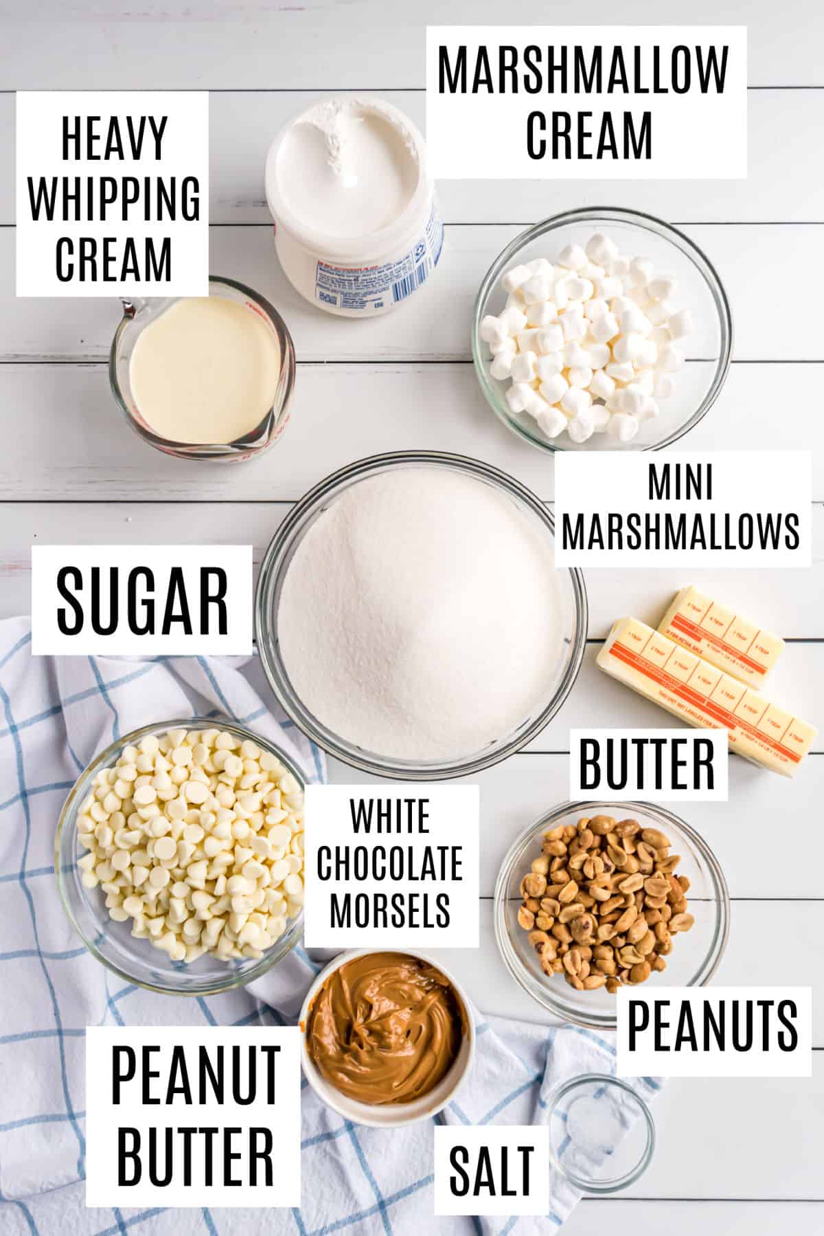 Ingredients needed to make fluffernutter fudge.