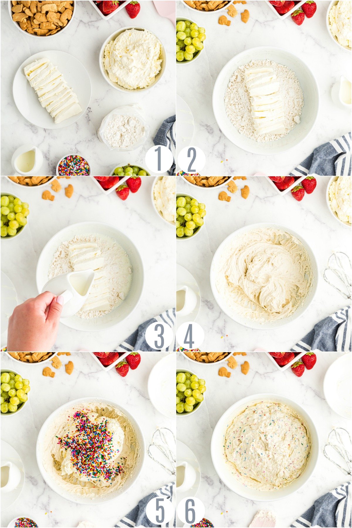 Step by step photos showing how to make funfetti cake batter dip.