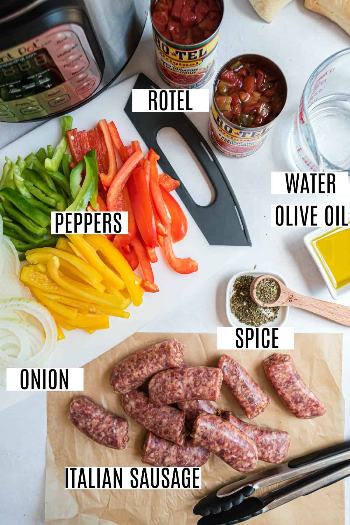Ingredients needed to make sausage and peppers in the Instant Pot.