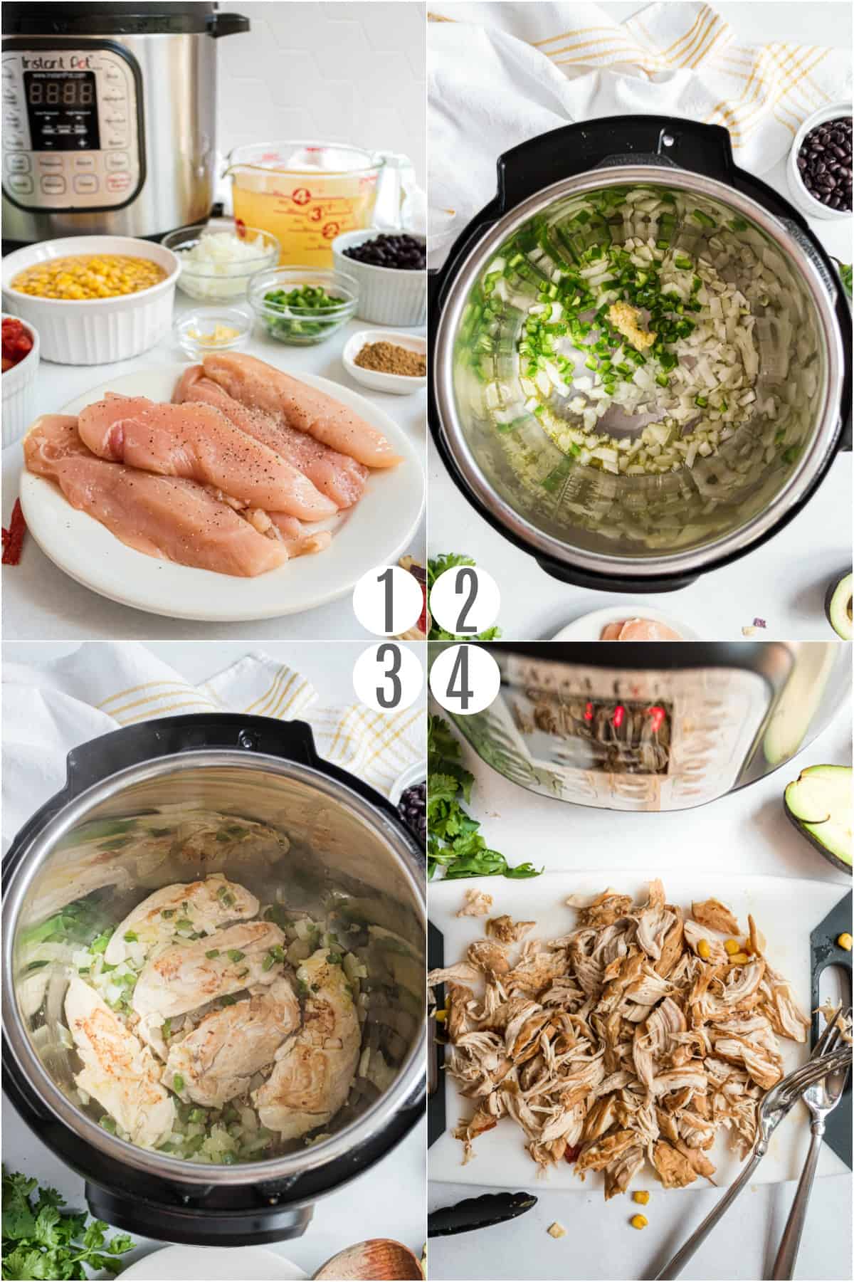 Step by step photos showing how to make chicken tortilla soup in the pressure cooker.