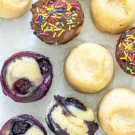 Pancake bites made in the instant pot, some plain, some with blueberries, and some topped with nutella and sprinkles.