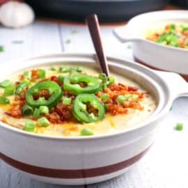 Instant Pot potato soup loaded with cheese, bacon, and jalapenos.