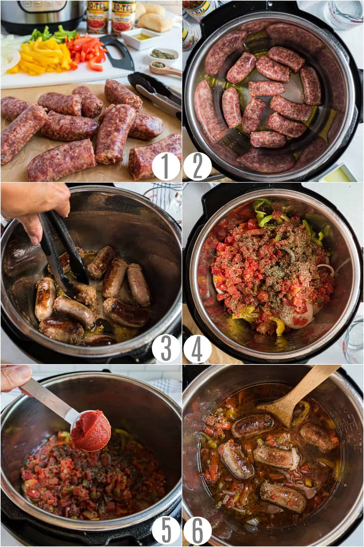 Step by step photos showing how to make sausage and peppers in the Instant Pot.