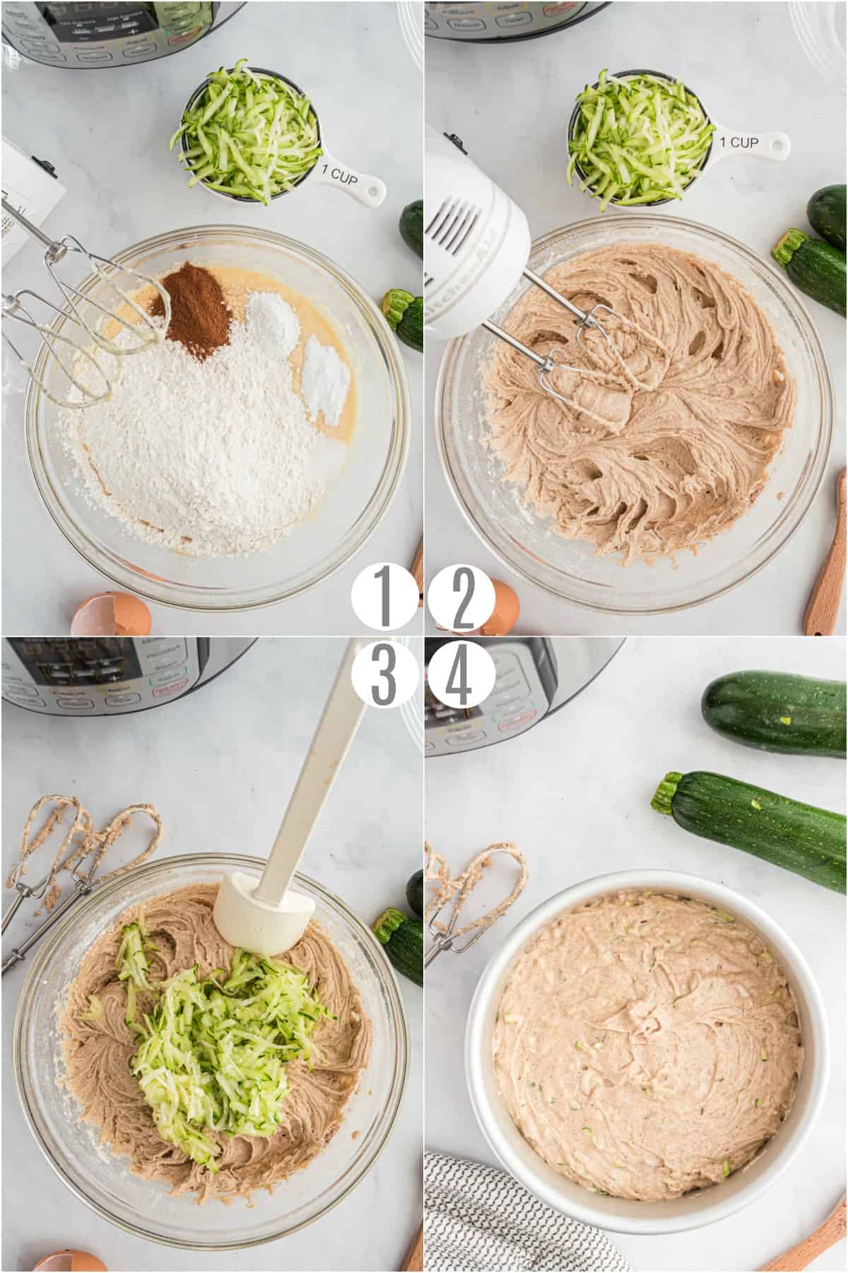 Step by step photos showing how to make zucchini bread in the pressure cooker.