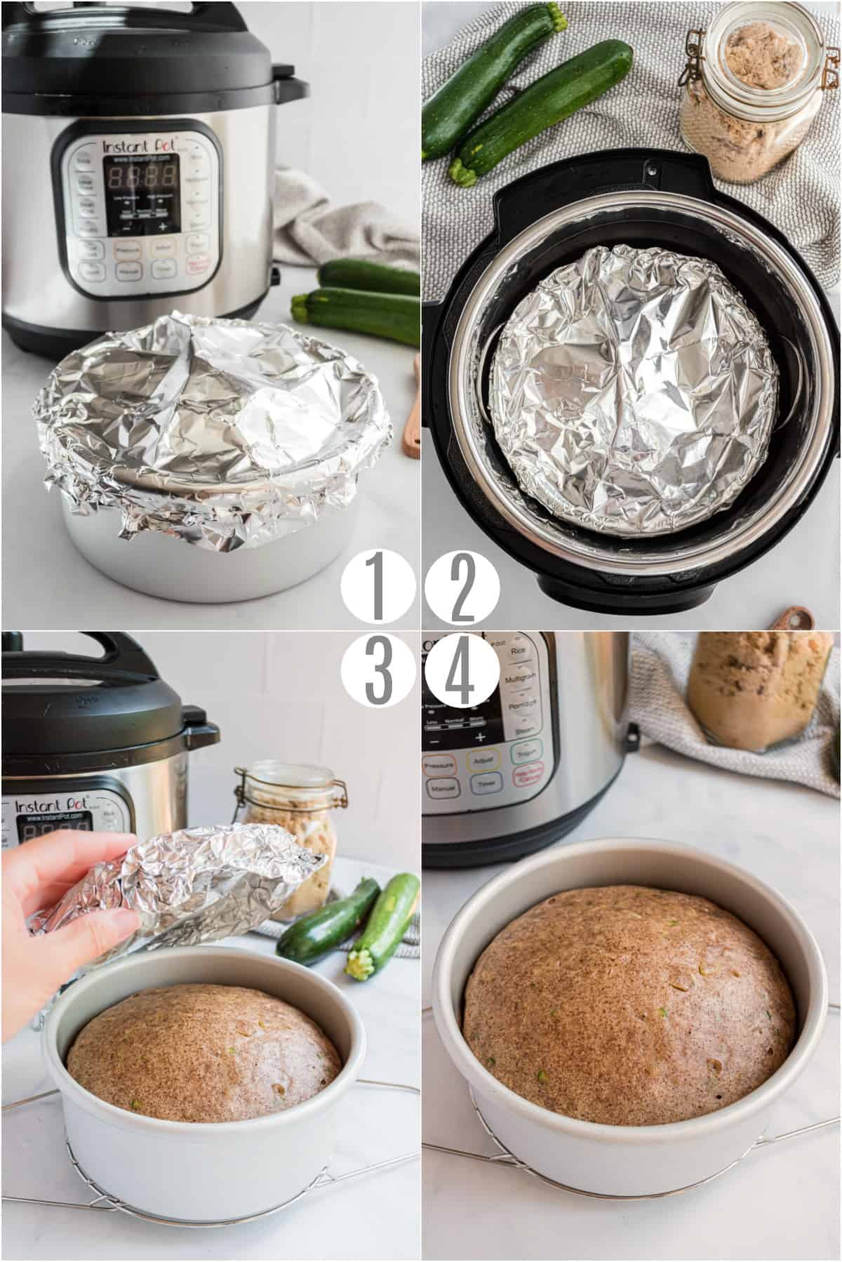 Step by step photos showing how to put zucchini bread in the instapot.