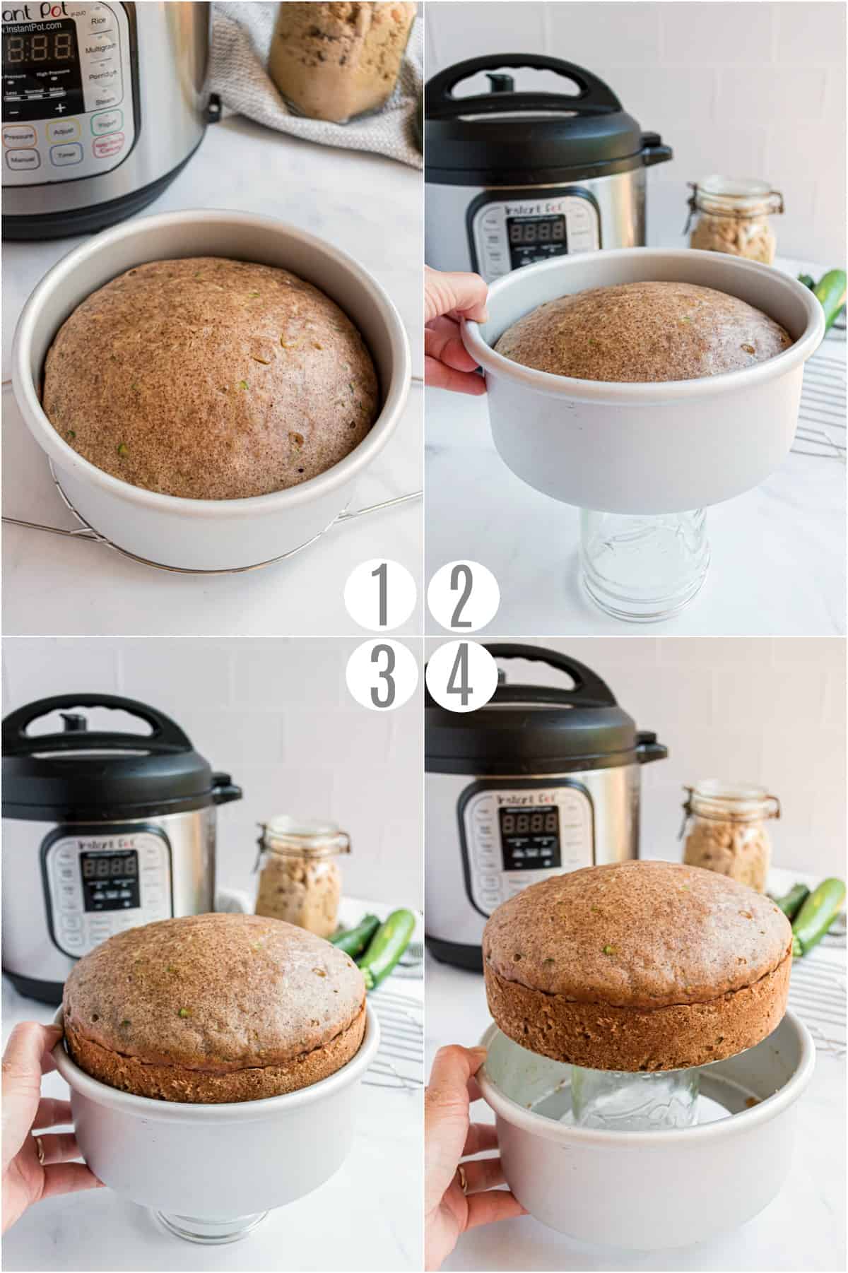 Step by step photos showing how to remove zucchini bread for an instant pot push pan.