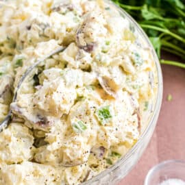 Potato salad with eggs and mayonnaise in a bowl to serve.