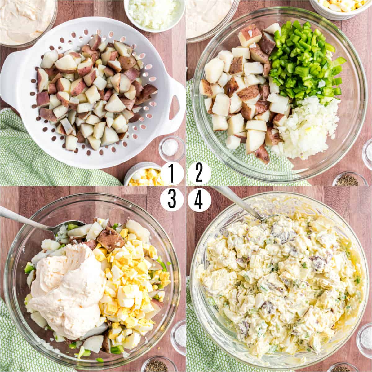 Step by step photos showing how to make potato salad.