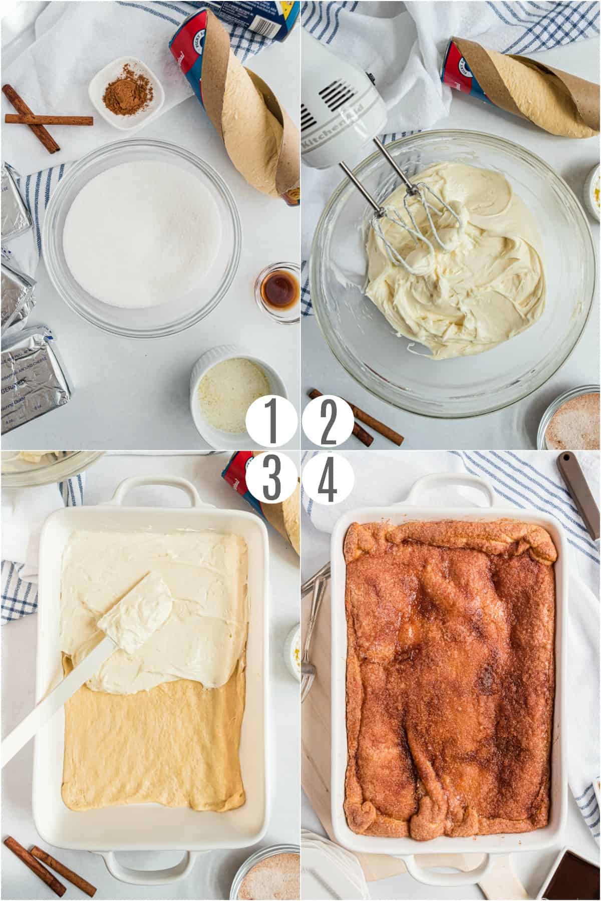 Step by step photos showing how to make sopapilla cheesecake bars.