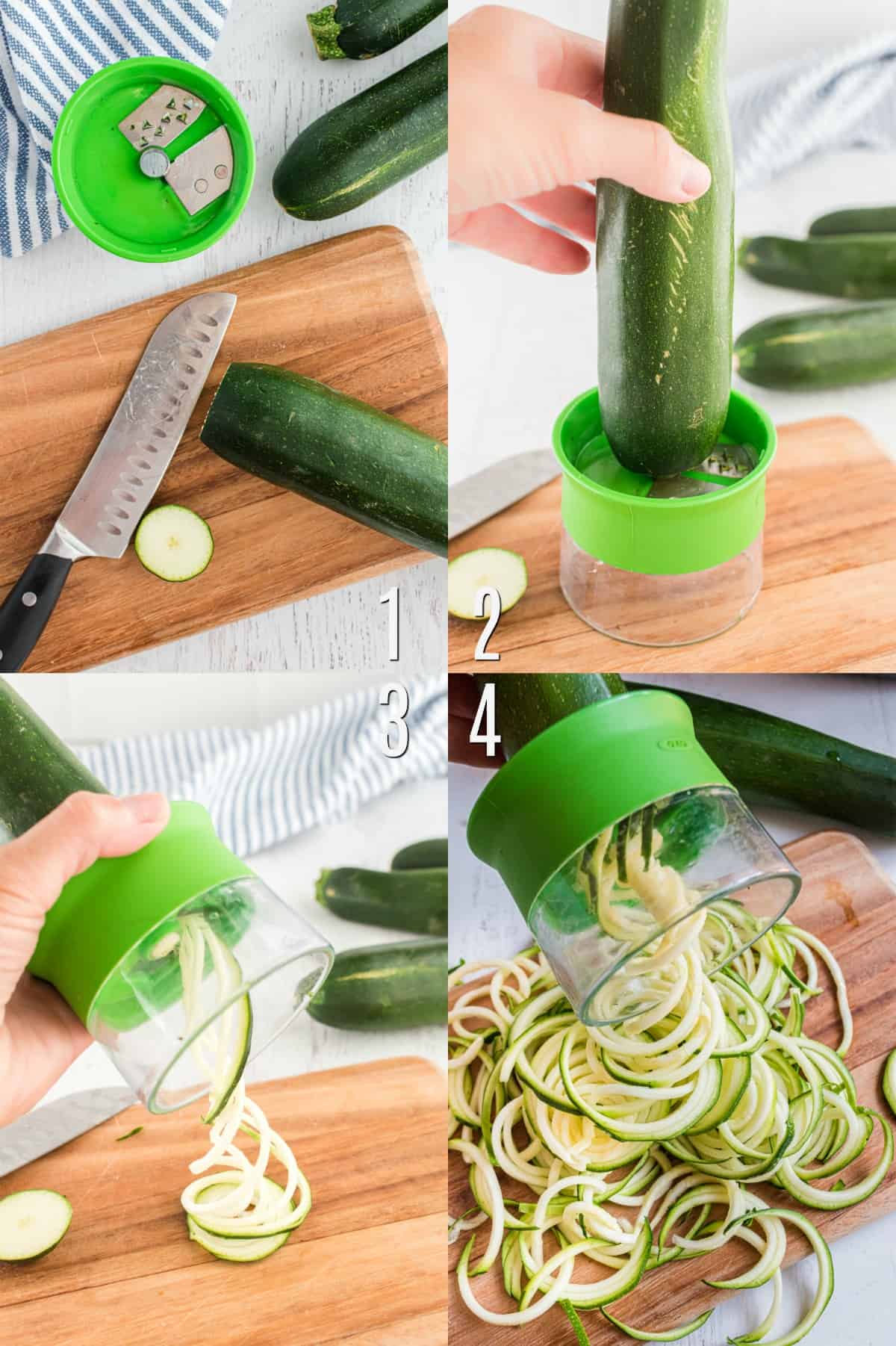 Step by step photos showing how to spiralize zucchini.