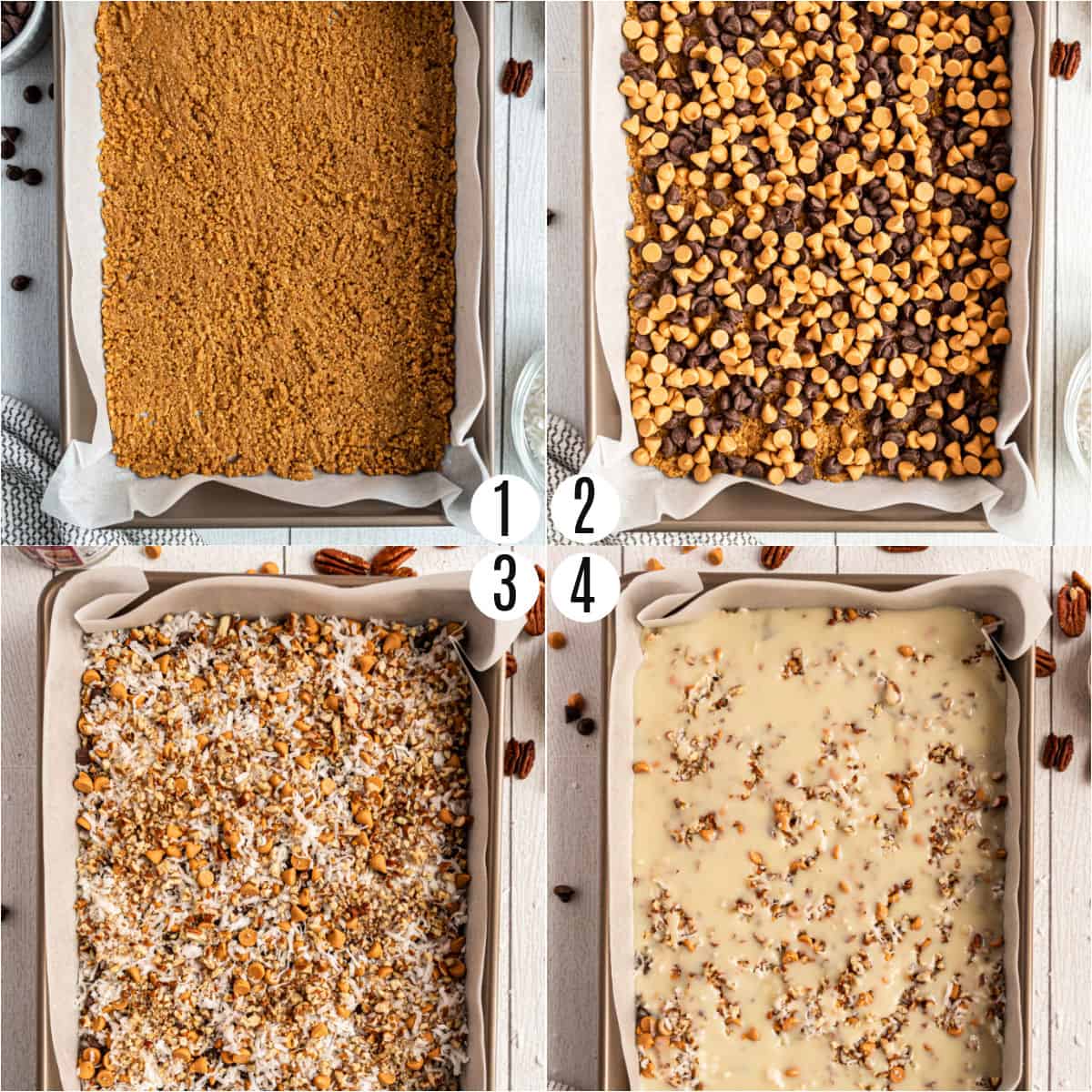 Step by step photos showing how to make 7 layer bars.