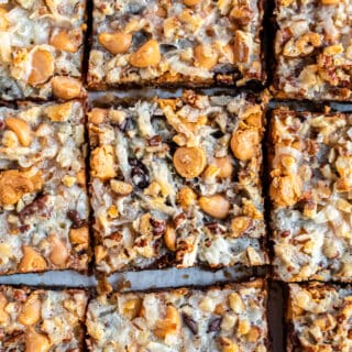 7 layer magic bars cut into squares.