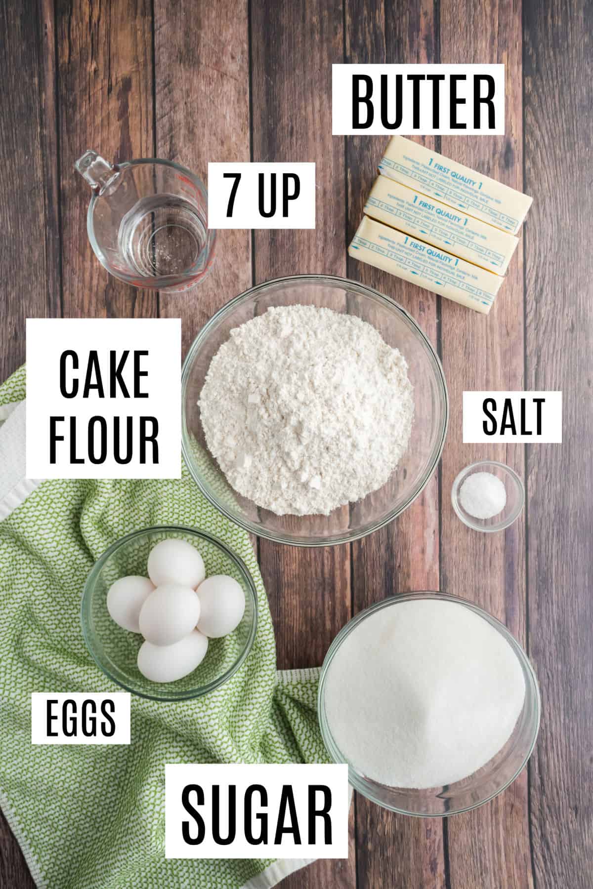 Ingredients needed to make pound cake.