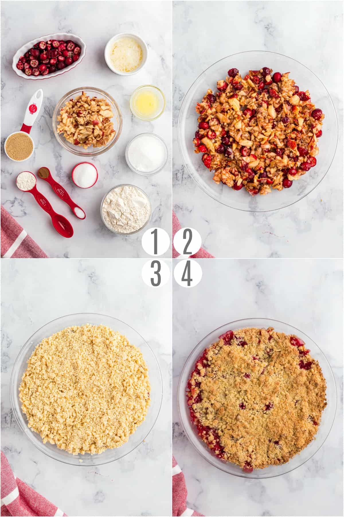 Step by step photos showing how to make apple cranberry crumble.
