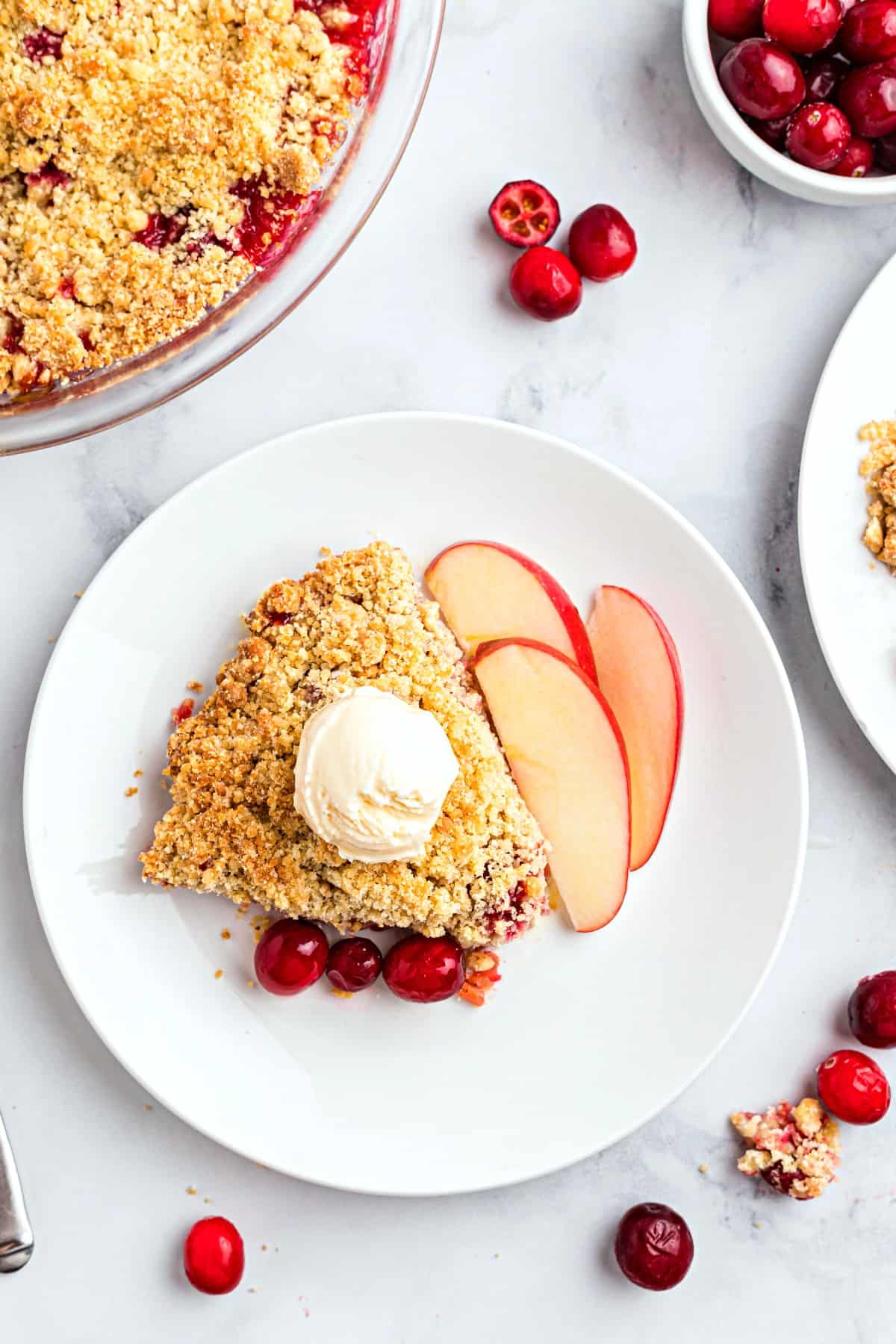 Apple cranberry crumble on a white plate served with vanilla ice cream and fresh apple slices.