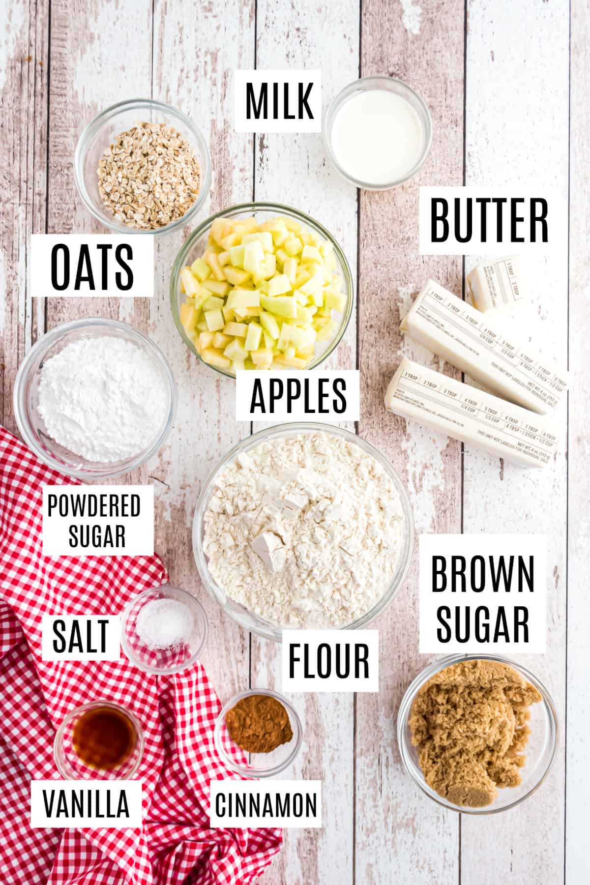 Ingredients needed to make apple shortbread bars.