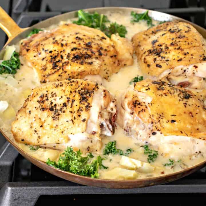 baked chicken thighs in a skillet