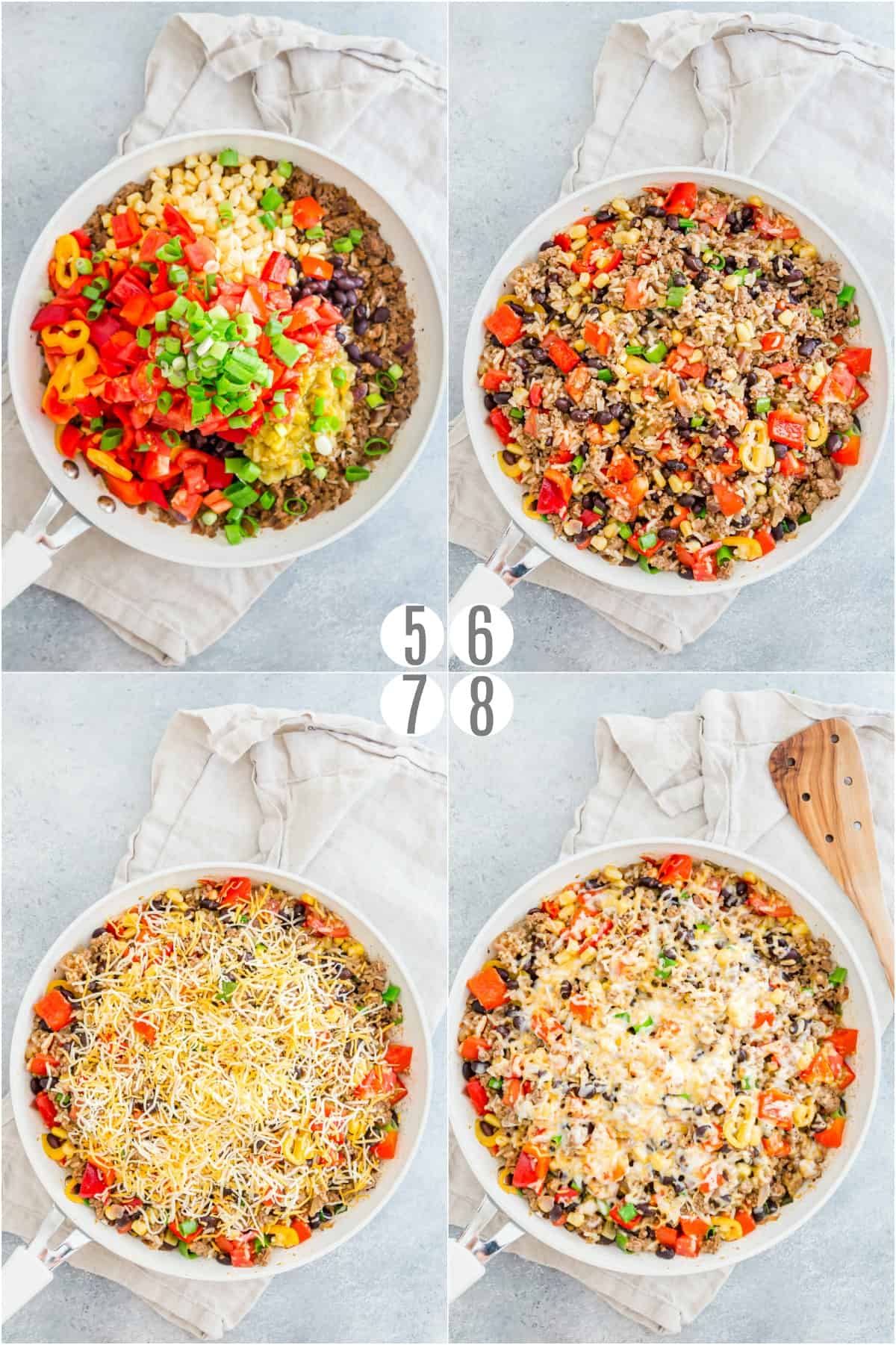 Step by step photos showing how to make beef taco skillet.