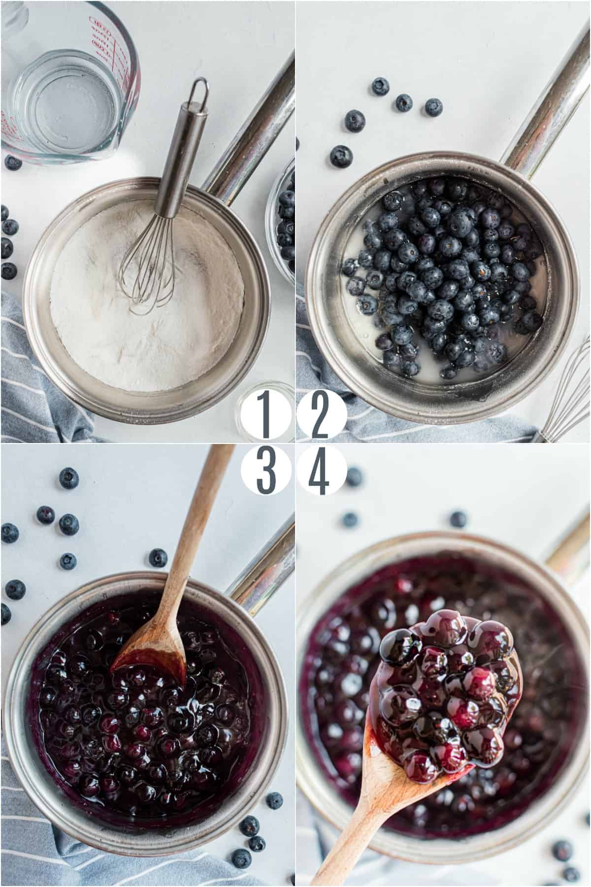 Step by step photos showing how to make blueberry pie filling.