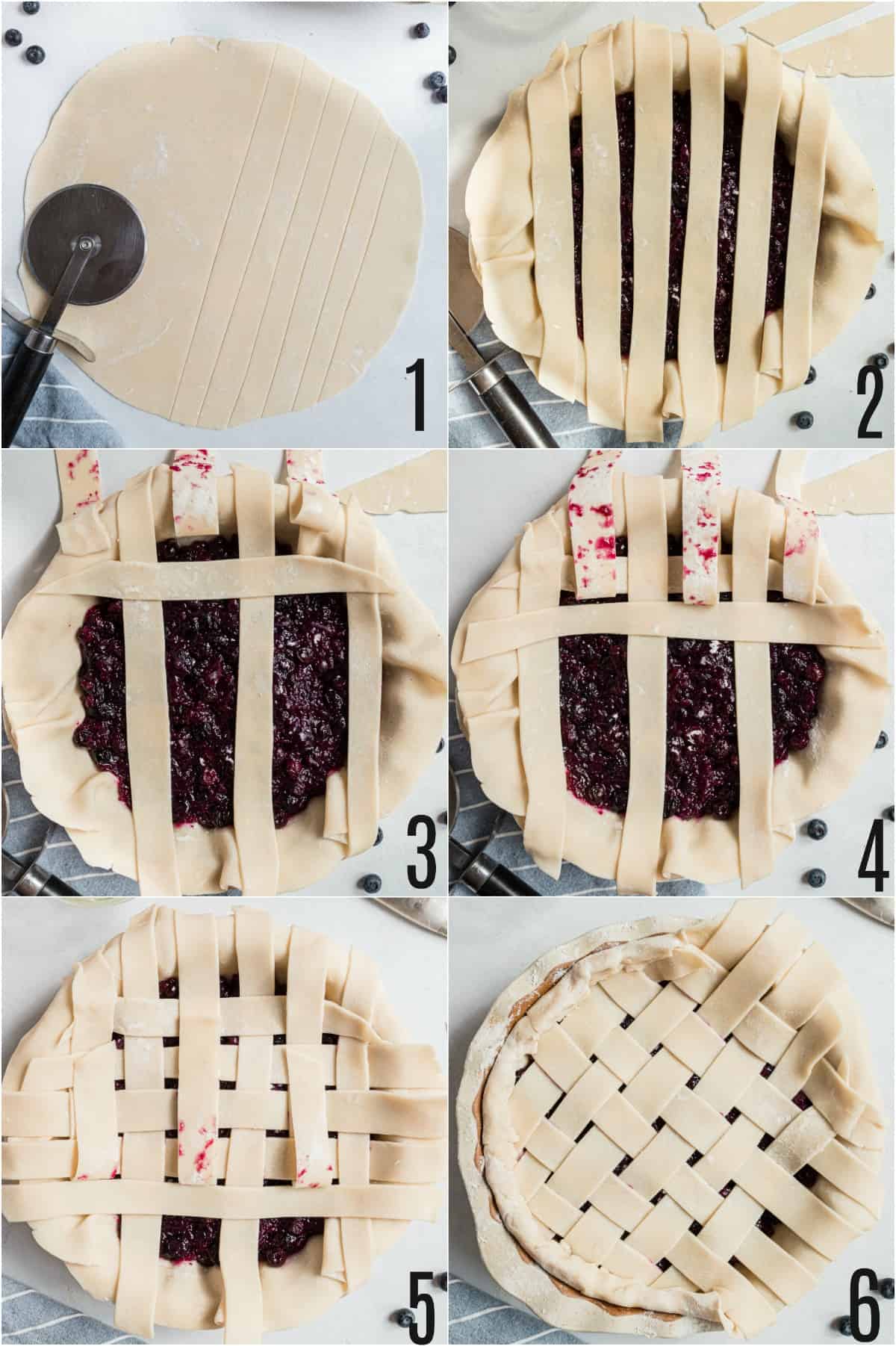 Step by step photos showing how to make a lattice top crust for blueberry pie.