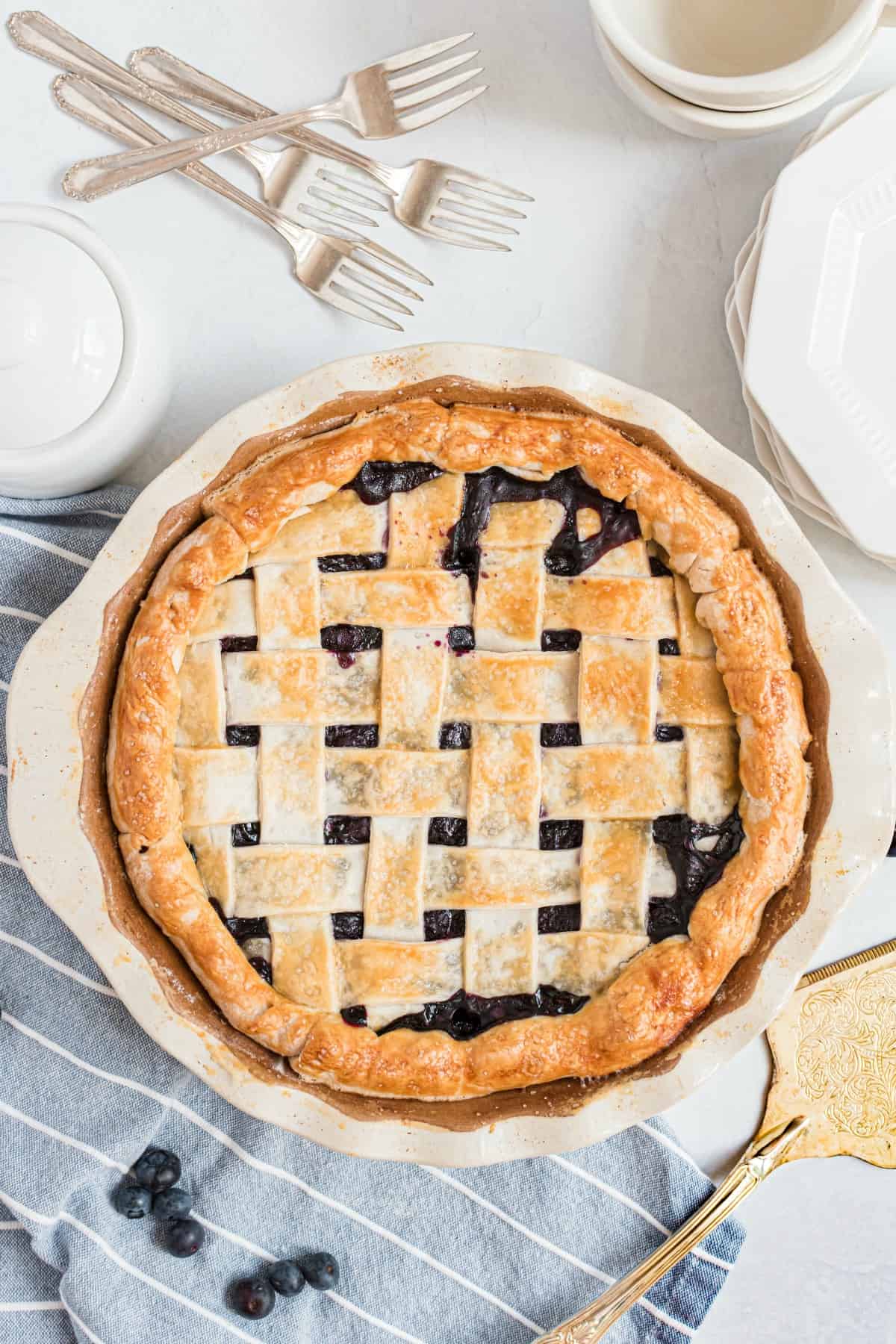 Blueberry pie with lattice top in a deep dish white pie plate.