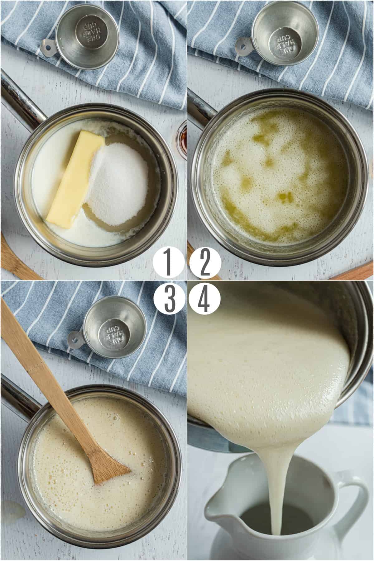 Step by step photos showing how to make homemade buttermilk syrup.