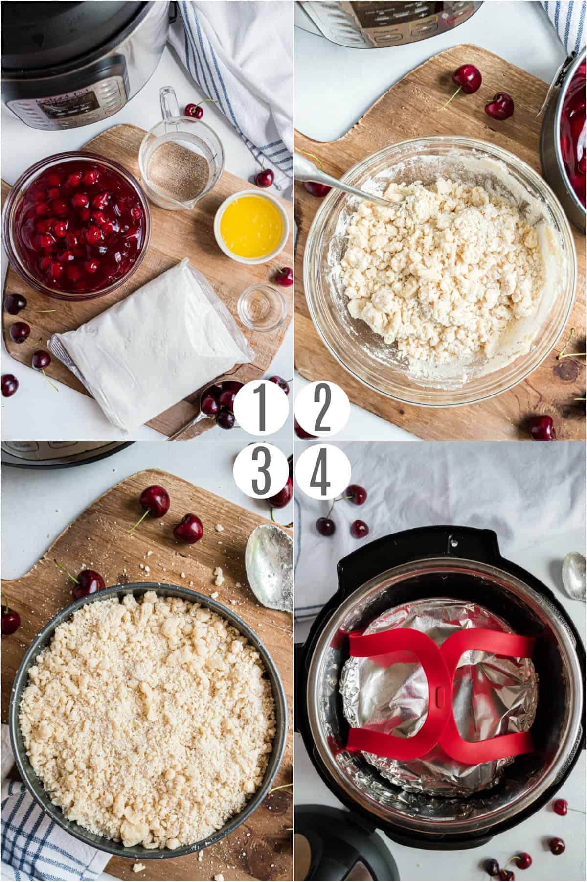 Step by step photos showing how to make cherry cobbler in the pressure cooker.