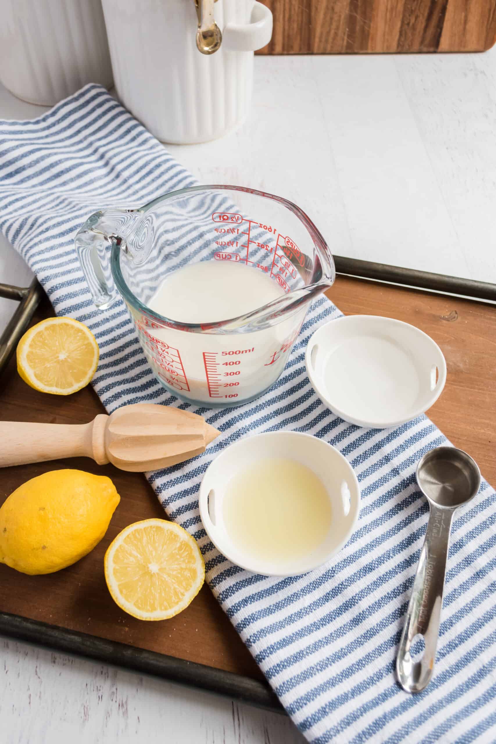 How to make homemade buttermilk with lemon juice and milk.