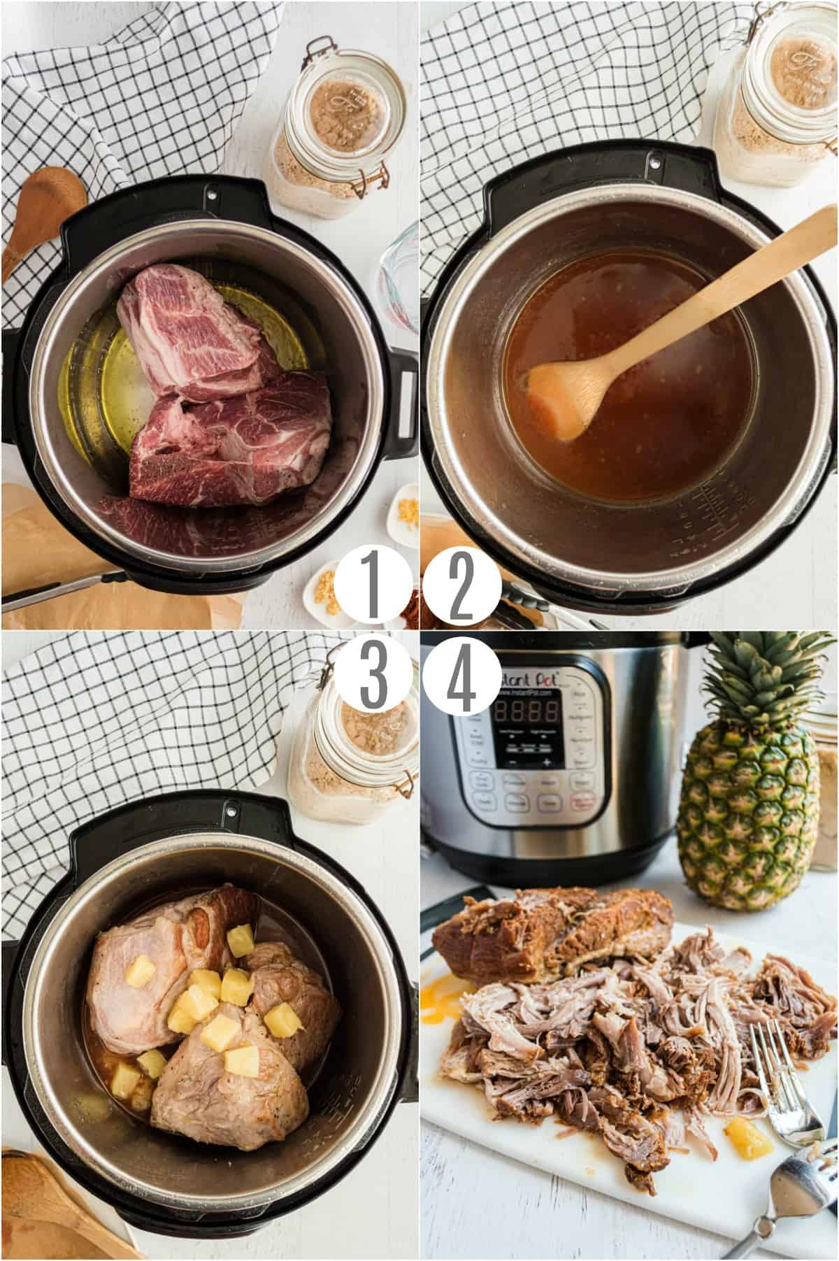 Step by step photos showing how to make Instant Pot Hawaiian Pulled Pork.