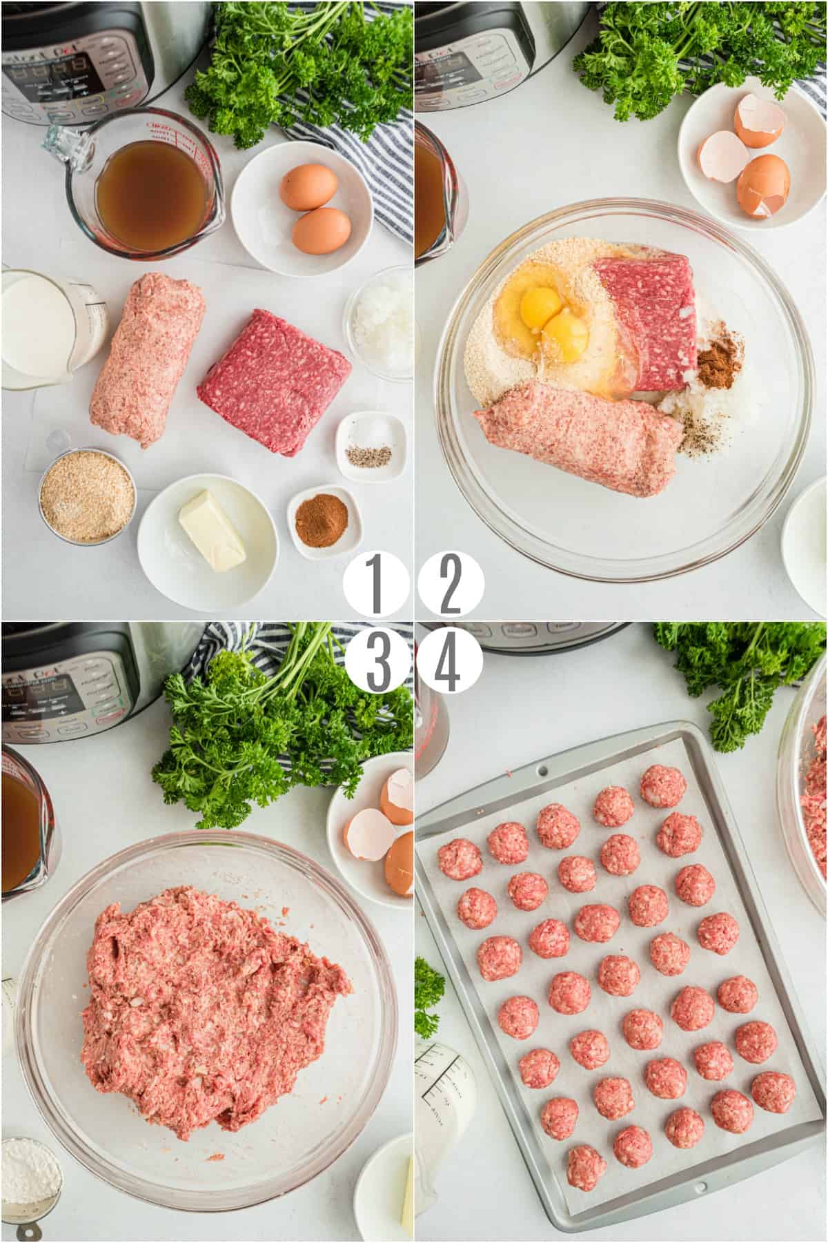 Step by step photos showing how to make meatballs.