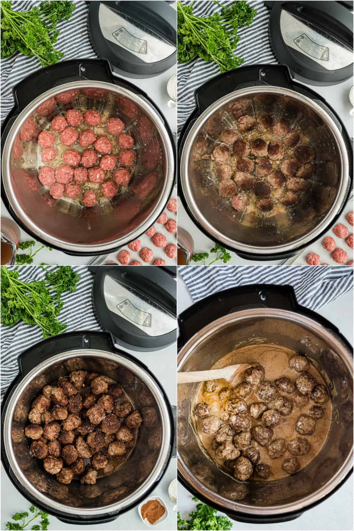 Step by step photos showing how to cook meatballs in the instant pot pressure cooker.