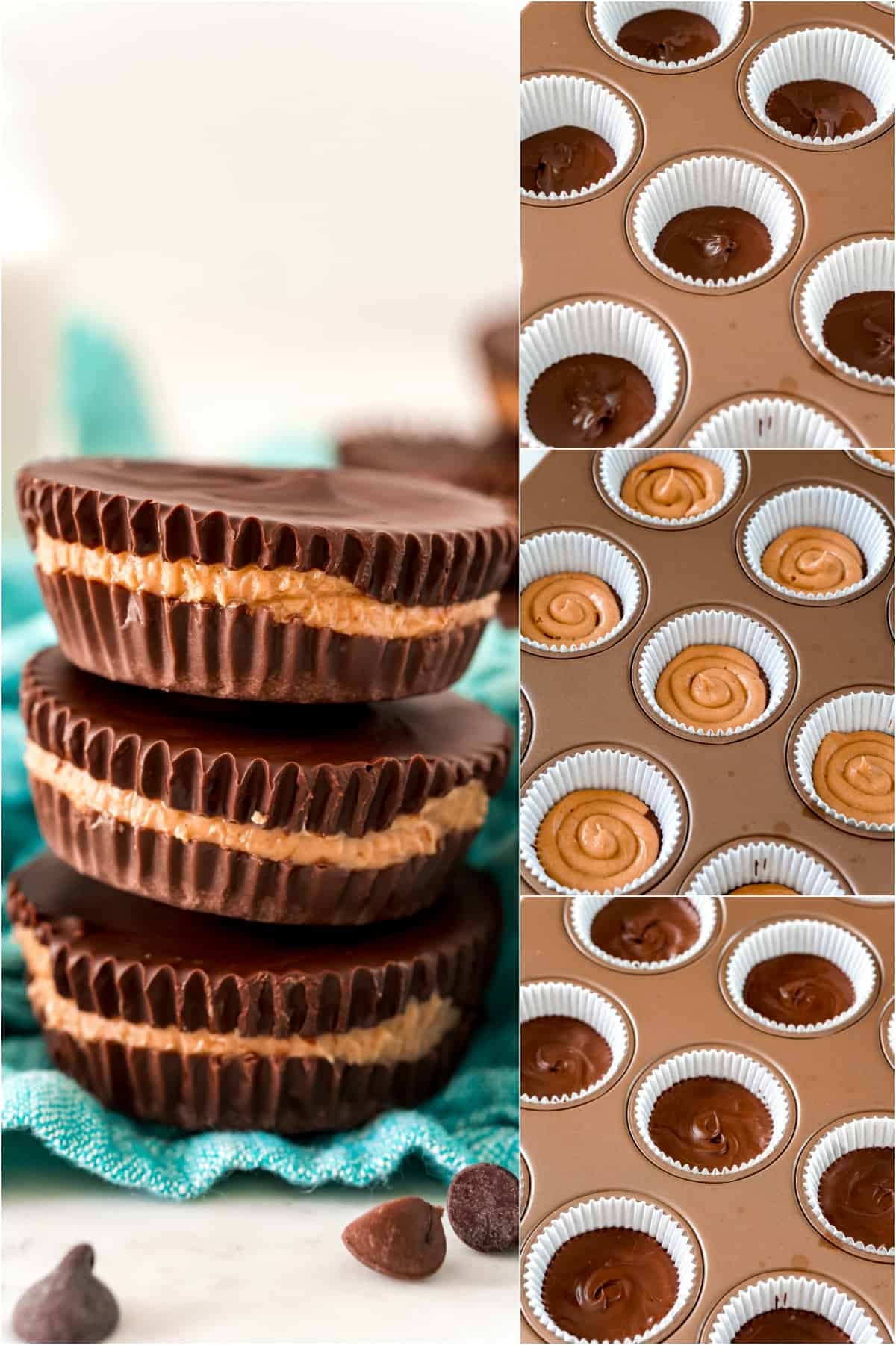 Step by step photos showing how to make reeses peanut butter cups.