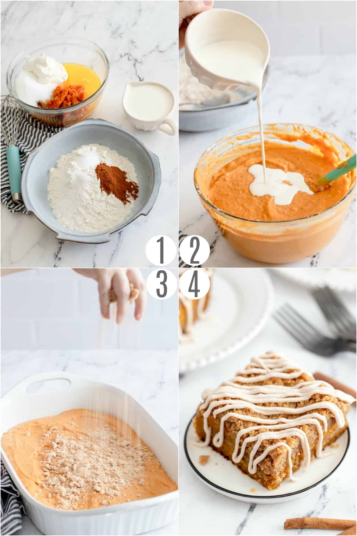 Step by step photos showing how to make a pumpkin crumb cake.