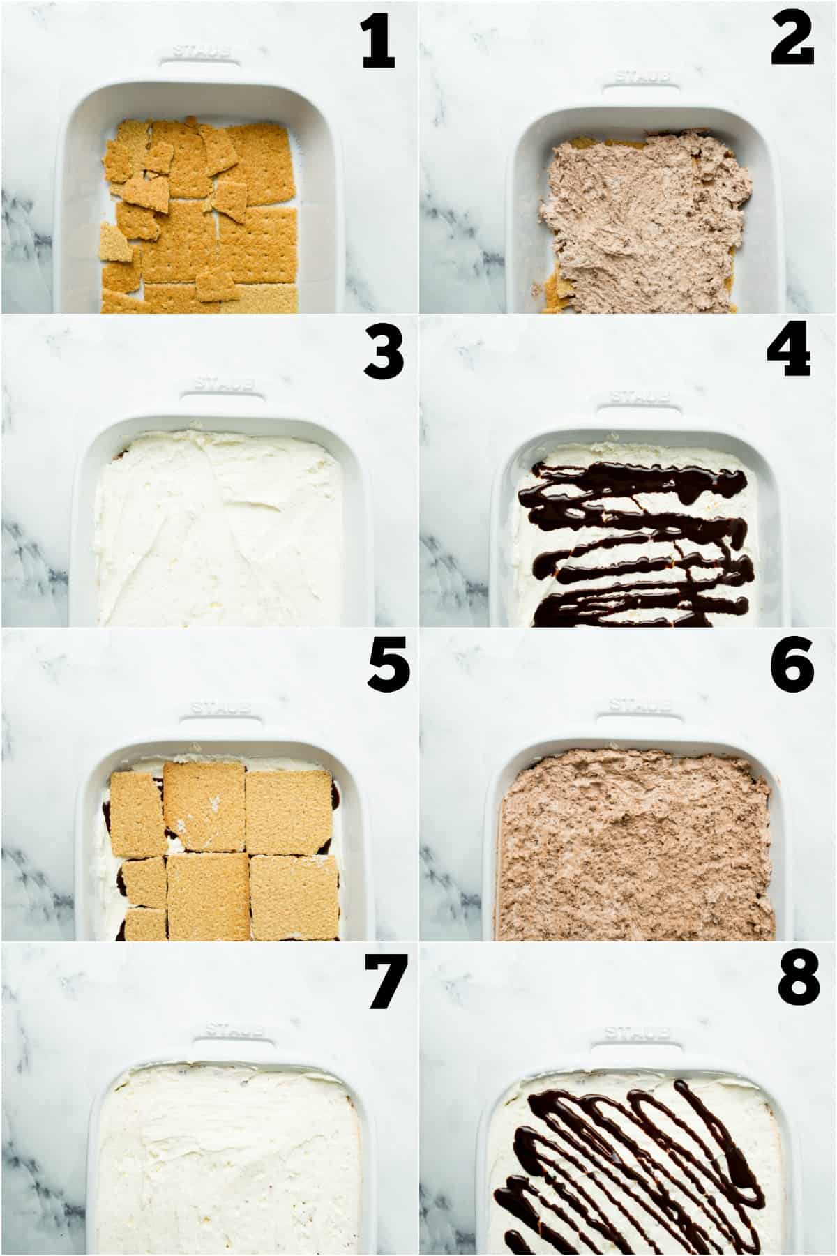 Step by step photos showing how to make smores icebox cake.