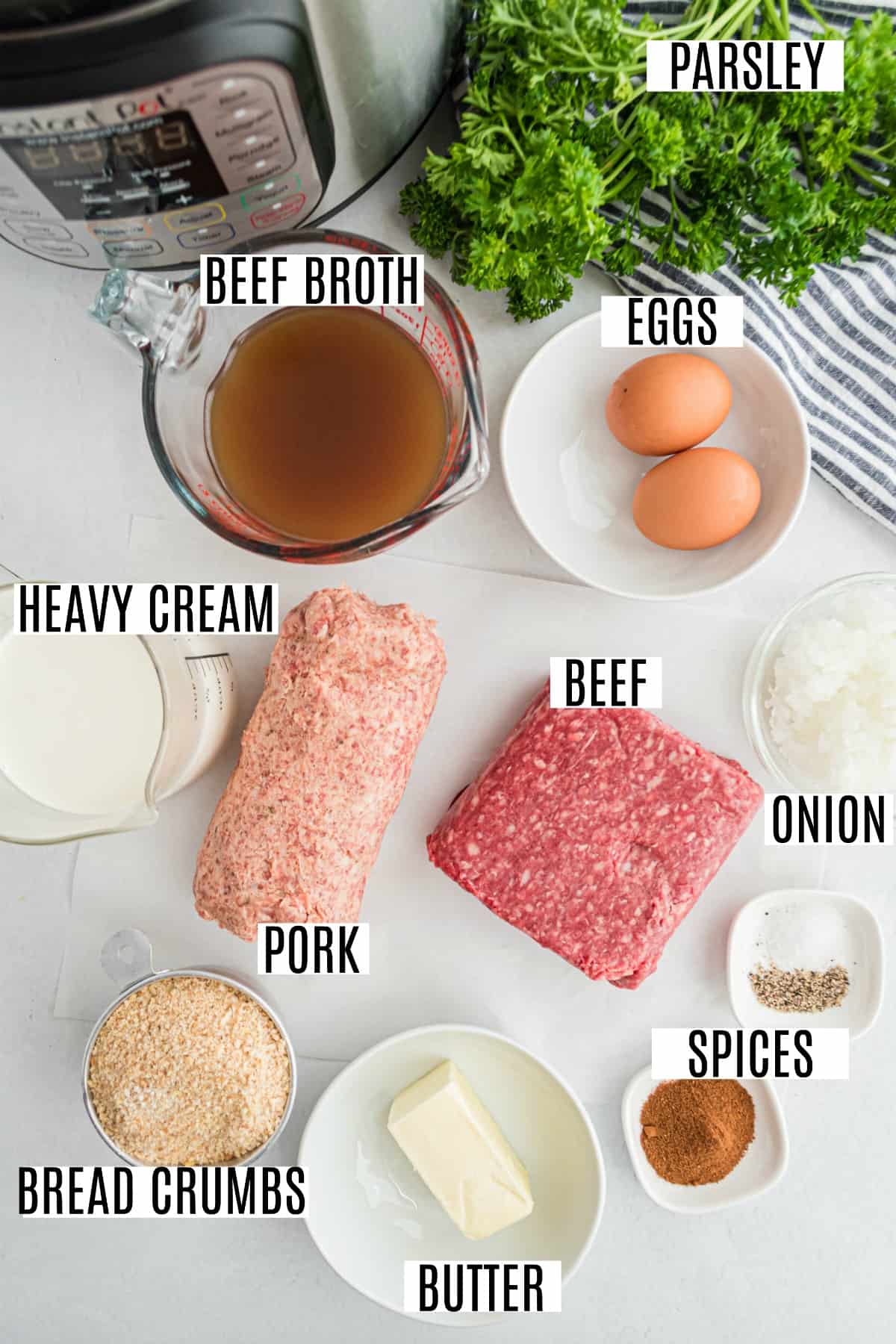 Ingredients needed to make swedish meatballs, including ground beef and pork.