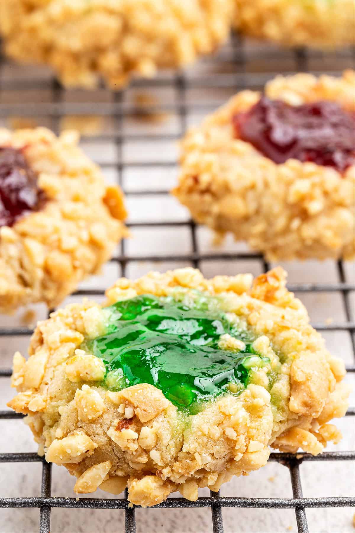 Thumbprint cookies filled with red and green jam.