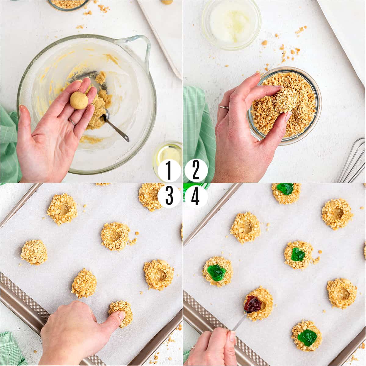 Step by step photos showing how to make thumbprint cookies.