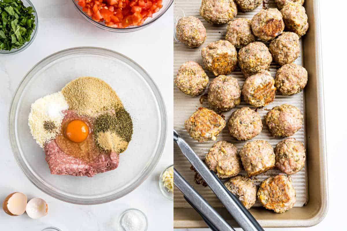 Left: raw turkey meatballs with bruschetta sauce ingredients in a bowl; Right: baked meatballs on a tray with tongs.