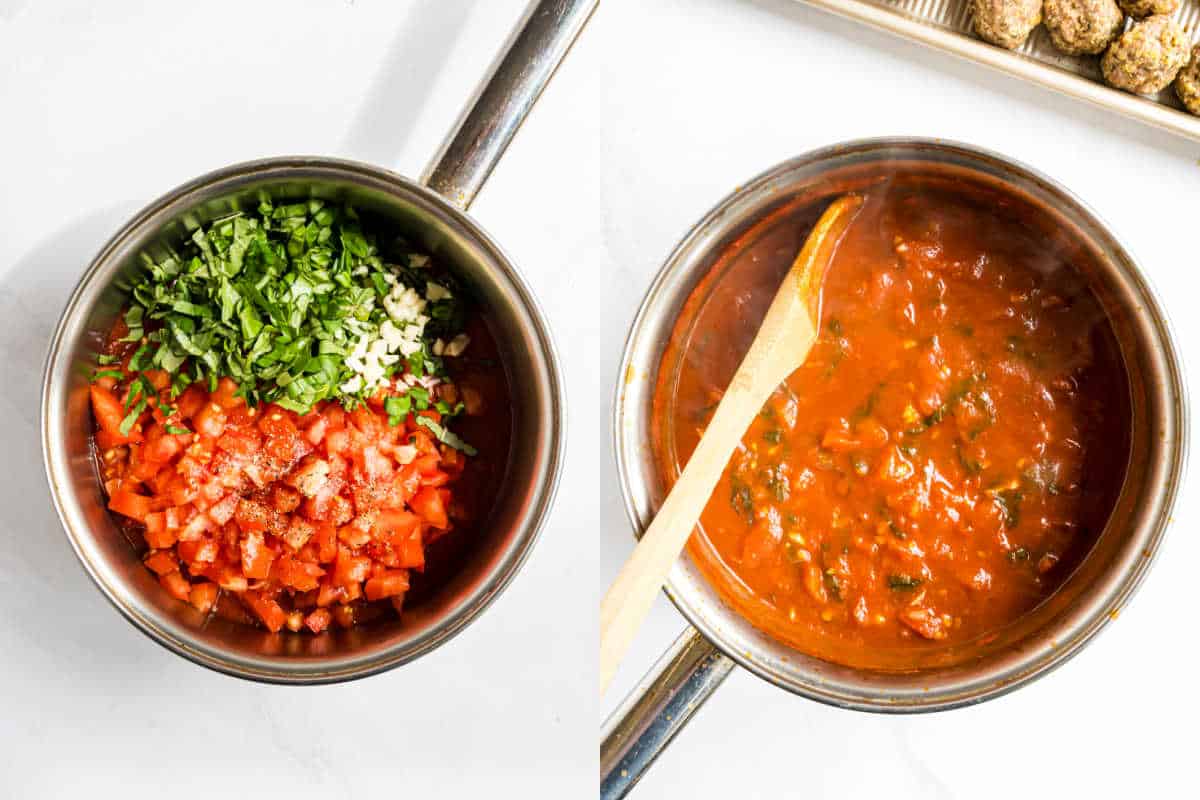 Side-by-side images: Fresh chopped vegetables in a pot; cooked tomato sauce for turkey meatballs with bruschetta sauce being stirred with a wooden spoon.