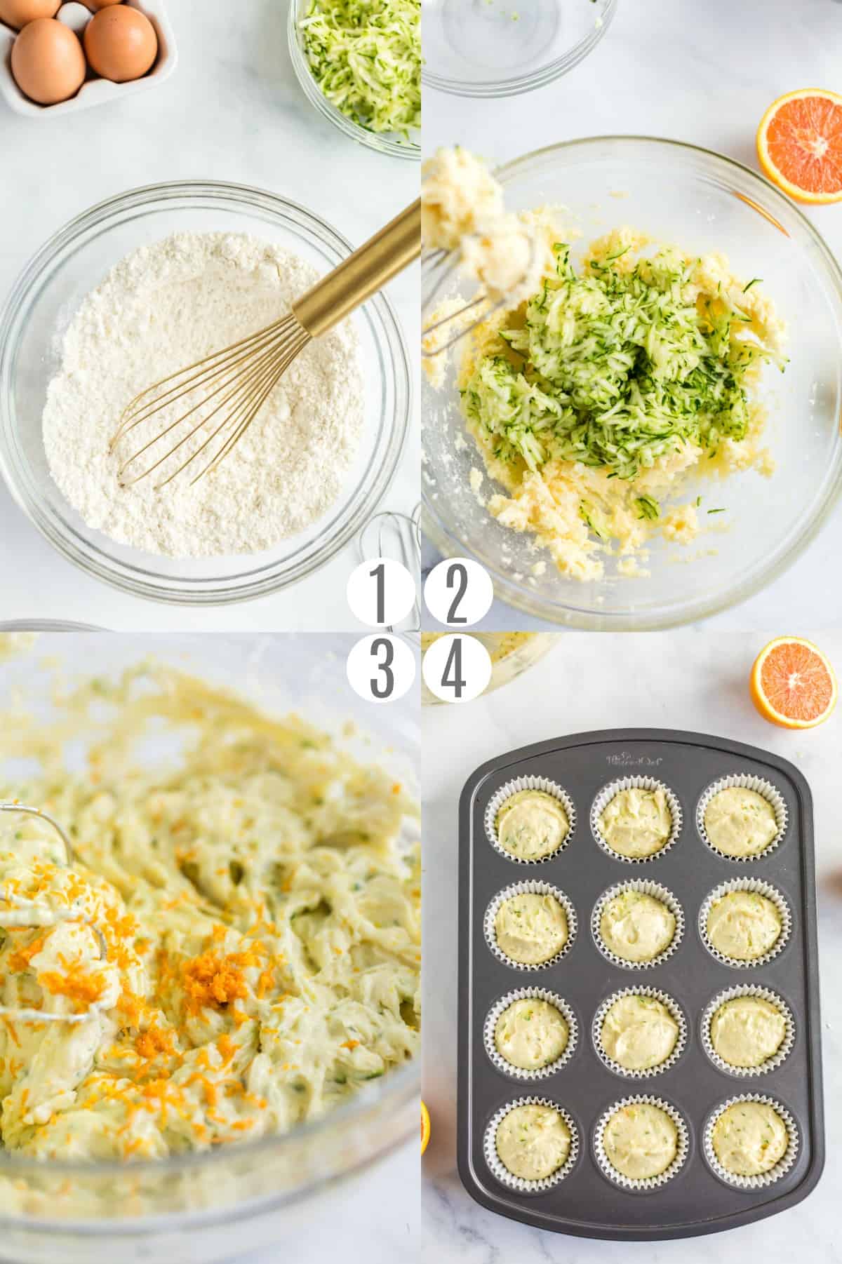 Step by step photos showing how to make zucchini orange muffins.