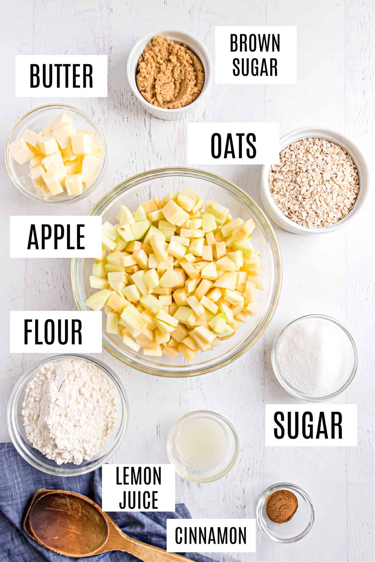 Ingredients needed to make a warm apple crumble recipe.