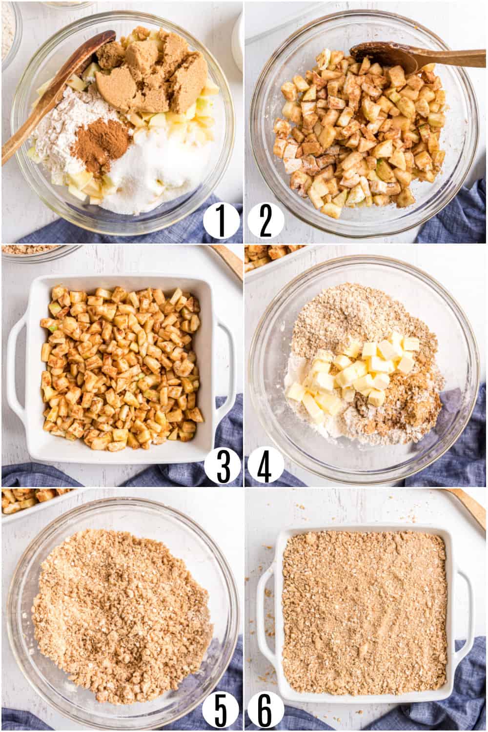 Step by step photos showing how to make apple crumble.