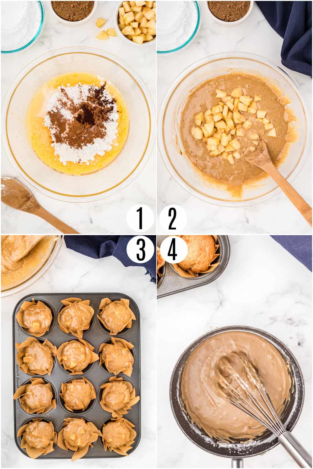 Step by step photos showing how to make apple muffins.