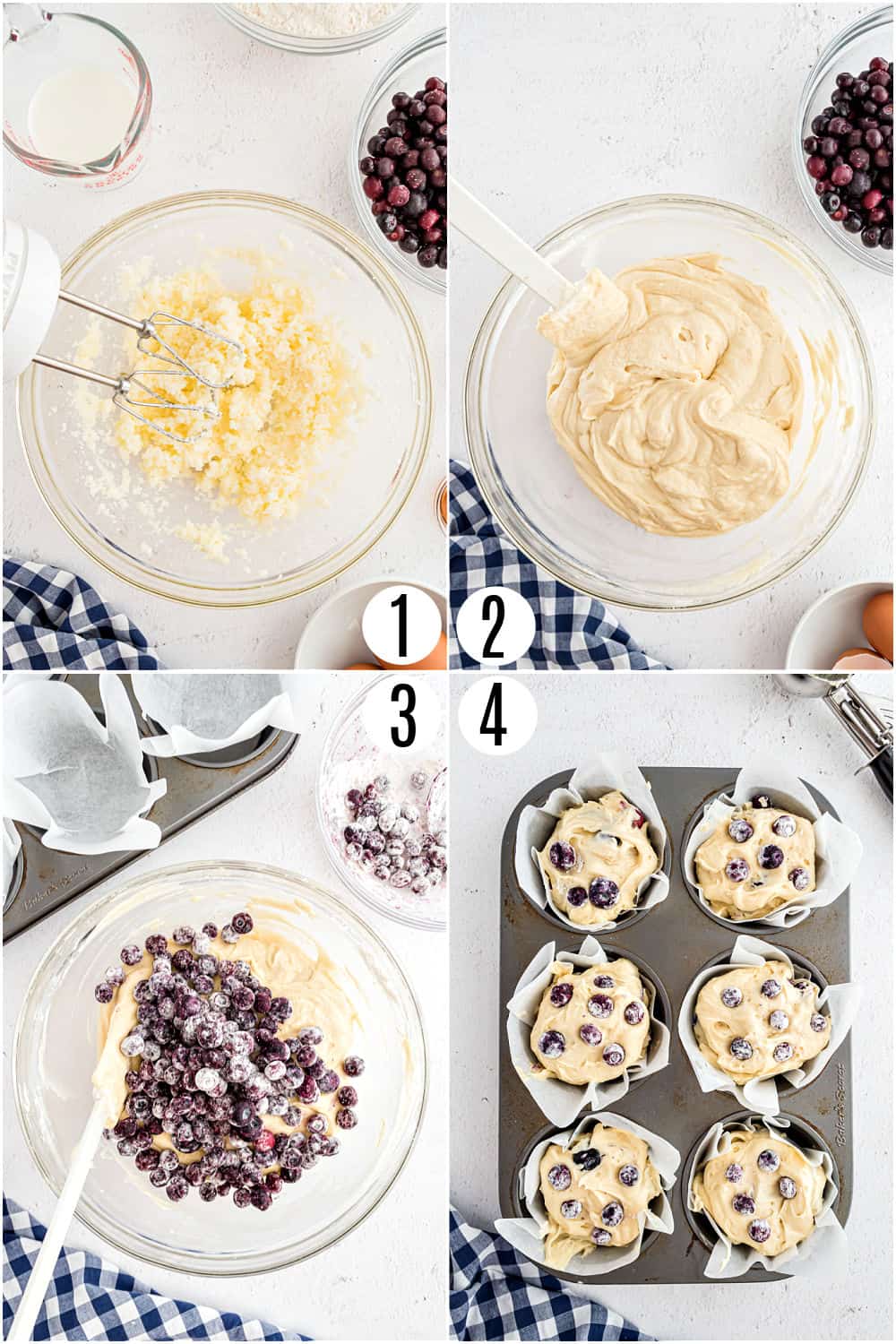 Step by step photos showing how to make blueberry muffins.